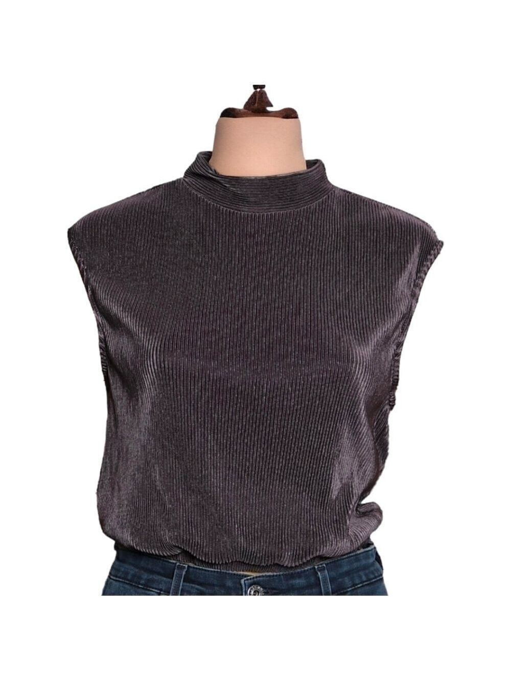 XS • Ro & De • Mock Neck Plisse Pleated Cropped Sleeveless Top